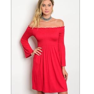 Red jersey Knit off the shoulder dress